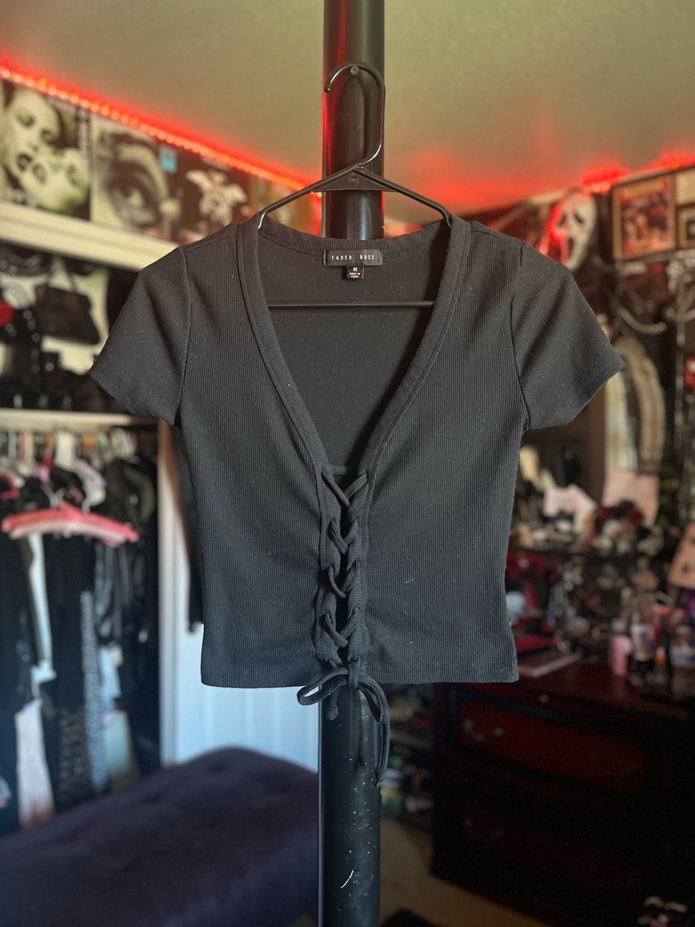 Black Lace-Up Crop Top by Faded Rose
